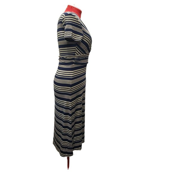 Talbots Faux Wrap Dress, Navy & Beige Striped, M, Short Sleeve, Rayon/Spandex - Picture 6 of 8